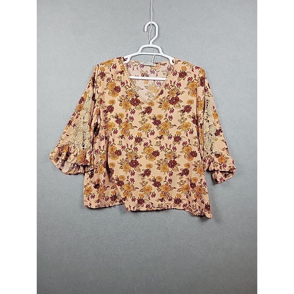 Rusttydustty Orange Floral 3/4 Bell Sleeve V Neck Blouse Women's Plus 3XL